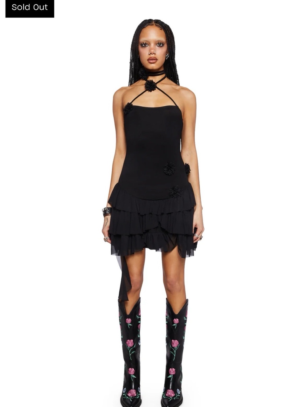 Black Tiered Ruffle Halter Mini Dress - Women's